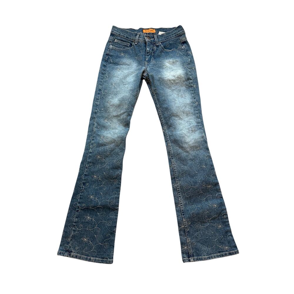 Dirty Jeans 26 Low Rise Boot Cut Dark Acid Wash Flare Denim Jeans Thread Accent